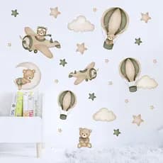 Adesivo De Parede Infantil Ursinho Aviador Balões Urso Nuvem Quarto Menino Aquarela Decoração