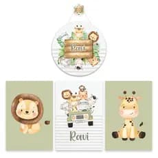 Kit 3 Quadros 1 Enfeite Porta Maternidade Safari Menino Verde Personalizado Quarto Bebê Decoração
