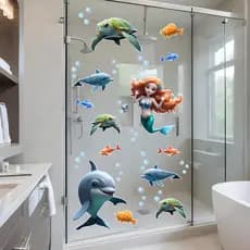 Adesivo de Parede Fundo do Mar para Box de Banheiro Sereia Golfinhos Tartarugas Peixes Decoração