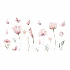 Adesivo De Parede Em Recorte Sem Fundo Flores Raminhos Jardim Borboletas Rosa