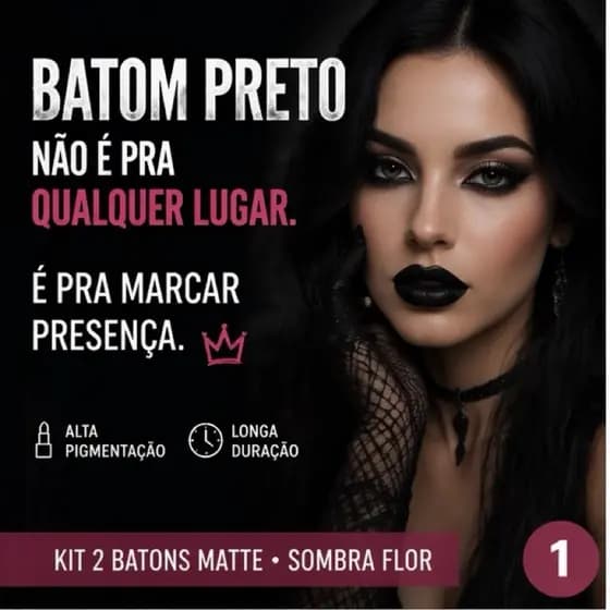 Kit 2 Batom Preto Matte Sombra Flor  Alta Pigmentação + Longa Duração  Maquiagem Impactante | Festa Balada Gótico