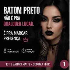 Kit 2 Batom Preto Matte Sombra Flor  Alta Pigmentação + Longa Duração  Maquiagem Impactante | Festa Balada Gótico