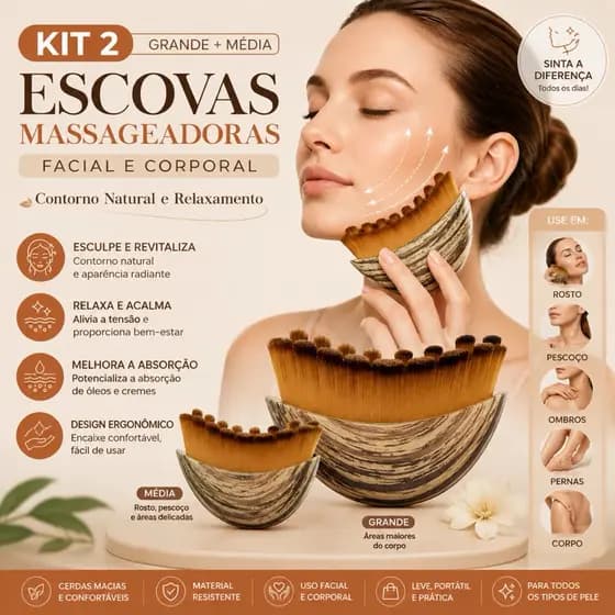 Kit 2 Escova Massageadora Facial e Corporal | Grande + Média | Contorno Natural e Relaxamento