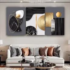 Quadro Decorativo Abstrato Dourado Preto Sala Quarto 3 peças
