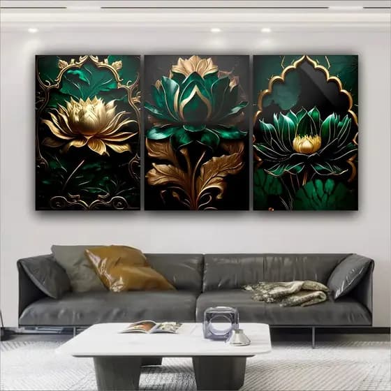 Quadro Decorativo Flor De Lótus Verde Dourada Elegante Luxo 3 peças