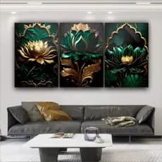 Quadro Decorativo Flor De Lótus Verde Dourada Elegante Luxo 3 peças