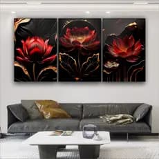 Quadro Decorativo Flor De Lótus Vermelha Luxo Sala Quarto 3 peças