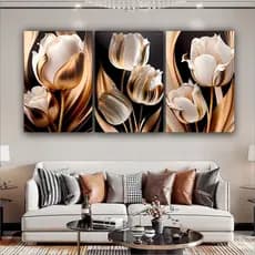 Quadro Decorativo Flor Tulipa Branca Dourada Elegante 3 peças