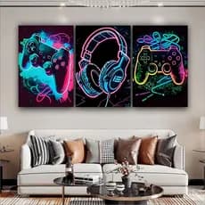 Quadro Decorativo Gamer Video Game Neon Sala Quarto 3 peças