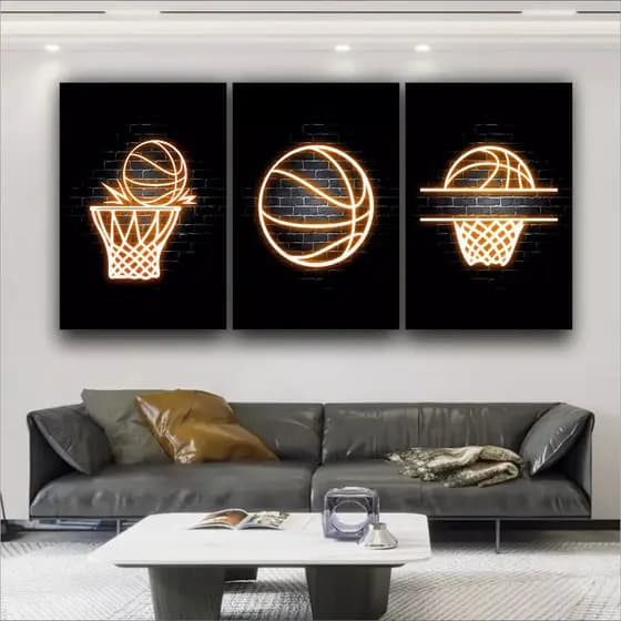 Quadro Decorativo Esporte Cesta Bola Basquete Neon Moderno 3 peças