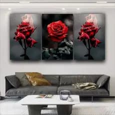 Quadro Decorativo Flor Vermelha Rosa Fogo Sala Quarto 3 peças