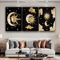 Quadro Decorativo Lua Sol Arte Abstrata Sala Quarto 3 peças