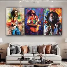 Quadro Decorativo Bob Marley Música Arte Pintura Aquarela 3 peças