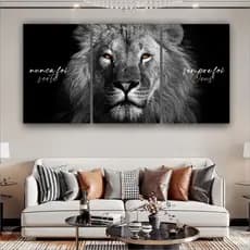 Quadro Decorativo Leão De Judá Preto Branco Sala Quarto 3 peças