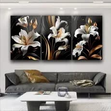 Quadro Decorativo Lírios Branco Dourado Flor Sala Quarto 3 peças