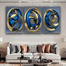 Quadro Decorativo Abstrato Azul Dourado Elegante Sala Quarto 3 peças