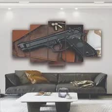 Quadro Decorativo Revólver Pistola Arma De Fogo Quarto Loja 5 PEÇAS