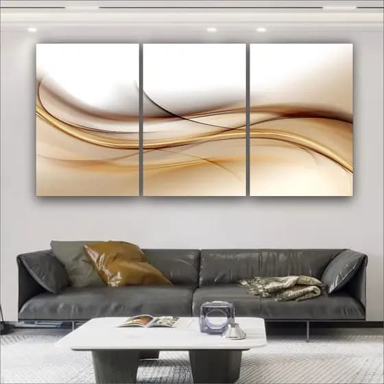 Quadro Decorativo Ondas Douradas Abstrato Luxo Sala Quarto 3 peças