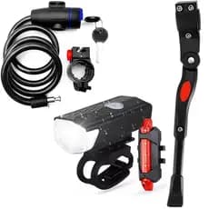 Kit Acessórios Bike Trava Cabo De Aço Cadeado Segurança Moto  Descanso Pezinho Lateral + Farol Bike Luz Led Usb Ciclismo