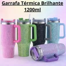 Copo Garrafa Brilhante Strass Glitter Com Alça Tampa e Canudo Termica 1200 ml Aço Inoxidavel