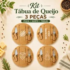 Tábua de Frios Kit Queijo 3 Peças Faca Garfo Tábua Personalizado a Laser Nome Time Desenho Logo