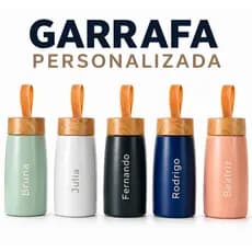 Garrafa Termica  250ml Personalizada Nome Profissao Logo Alça de Silicone Tampa em Bambu Escritorio Escola Quente e Frio
