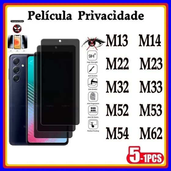 Película de Privacidade 3D Vidro Temperado Anti Spy Samsung M13 M14 M22 M23 M32 M33 M34 M52 M53 M54 M62