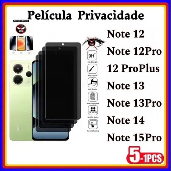 Película de Privacidade 3D Vidro Temperado Anti Spy XIAOMI Redmi Note 15Pro Note 14 Note 13 13Pro Note 12 12Pro