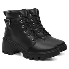 Bota Coturno Feminino Salto Médio Ankle Boot Fivela Lareral Preto