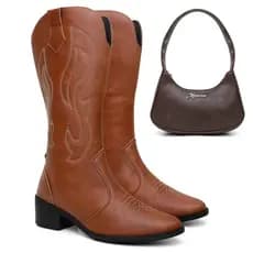 Kit Bota Western Caramelo Tendencia Boiadeira Com Bolsa Meia Lua Estilosa Kit Rodeio