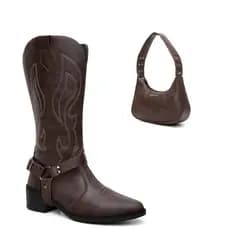 Combo Bota Texana Bordada Café Com Acessorio Cabresto Removivel Acompanha Bolsa Ombro Blogueira Boaideira