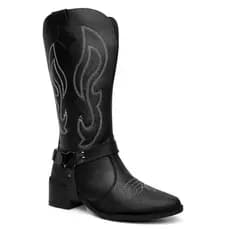 Bota Texana Western Country Feminina Preta Com Cabresto Removível Bordada Estilo Boiadeira