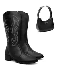 Kit Bota Texana Feminina Western Preta Bordada Com Bolsa De Ombro Blogueira Rodeio Boiadera
