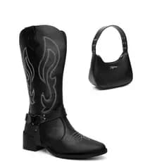 Kit Bota Texana Western Feminina Preta Bordada Com Cabresto Removível Acompanha Bolsa Ombro Blogueira