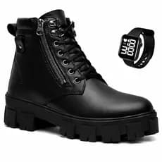 Bota Tratorada Feminina Preta Coturno Cano Curto Zíper Sola Alta Blogueira Moda Confortável + Relógio
