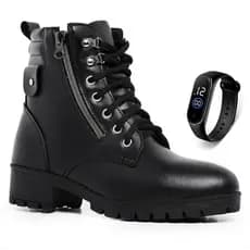 Bota Casual Feminina Coturno Botinha Feminino Cano Curto Zíper Lateral Saltinho Preta Moderno Confortavel + Relogio