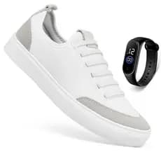 Kit Sapatenis Tenis Branco Casual Sola Reta Cano Baixo Enfermagem Leve Macio Confortável + Relógio