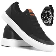 Tenis Sapatenis Preto Casual Masculino Cano Baixo Nylon Academia Sola Reta Leve Confortável + Relógio