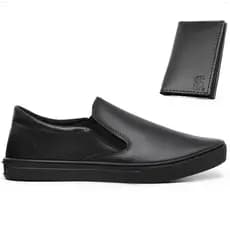 Kit Tenis Sapatenis Slip On Casual Preto Iate Sem Cadarço Leve Confortavel + Porta Cartão