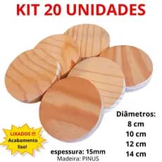 Kit 20 UN Placa base Redonda Bolacha Madeira Pinus 8 10 12 14 cm diametro