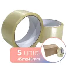 Kit 5 Rolos Fita Adesiva Transparente Larga 45mm x 45metros Durex Para Caixas Com Boa Colagem e Fixação