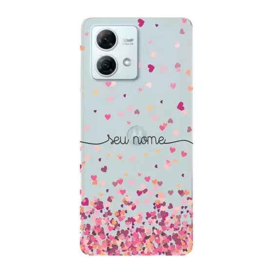Capinha para Moto G84 Anti Impacto Personalizada - Chuva de corações rosa com nome