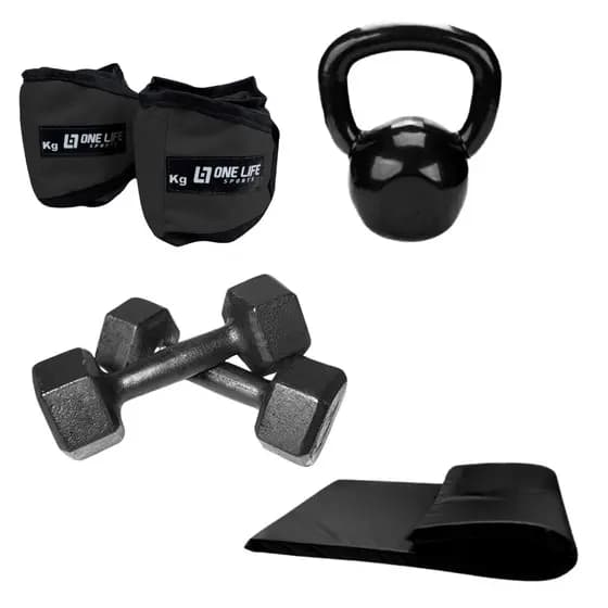 Kit Treino em Casa Academia C/ Peso - Par Caneleira 5kg + Par Halter 04kg + Colchonete + Kettlebell