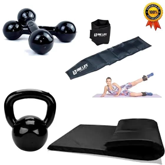 Kit Aeróbico em Casa Caneleira 5kg Halter 3kg Kettlebell 4kg Colchonete Treino Funcional Musculação