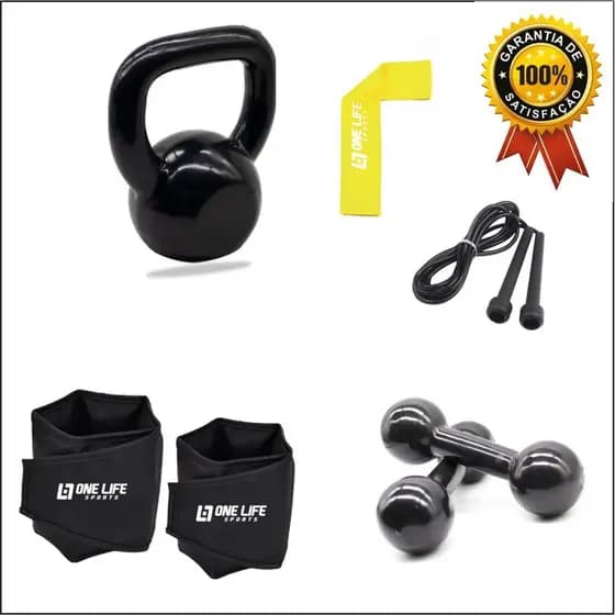 Kit Treino Em Casa - Par Caneleira 3Kg  + Par Halter 3 Kg + Kettlebell  4 kg + Corda + Mini band Leve
