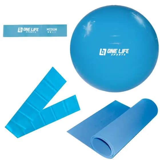 Kit Pilates - Tapete 1,20mt + Faixa Elástica Média  + Mini Band Média + Bola Suiça 55cm