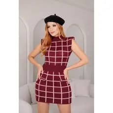 Conjunto Feminino Tricot Xadrez Inverno Blusa Gola Alta + Saia Curta Moda Blogueira Elegante Look Tendência Estilosa