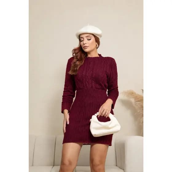 Vestido Feminino Tricot Inverno Manga Longa trico Mousse Curto Ajustado Elegante Canelado Quentinho e macio Frio Premium