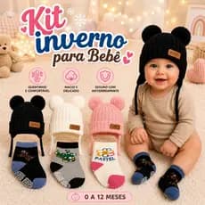 Touca Bebê Inverno Forrada + Kit 3 Meias Antiderrapantes Conjunto Infantil 0 a 1 Aninho