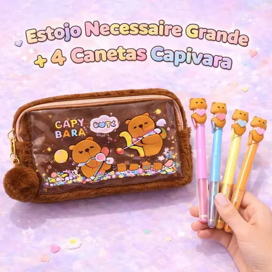 Kit Estojo Capivara Pelúcia com Pompom + 4 Canetas | Volta às Aulas